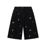 Dog Embroidery Design Vintage Washed Denim Shorts
