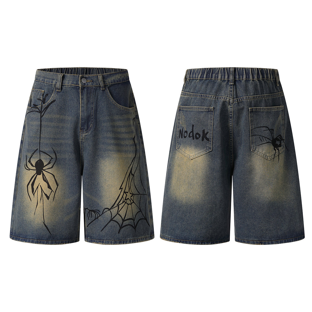 Spider & Web Print Denim Bermuda Shorts