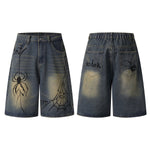 Spider & Web Print Denim Bermuda Shorts
