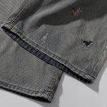 Dog Embroidery Design Vintage Washed Denim Shorts