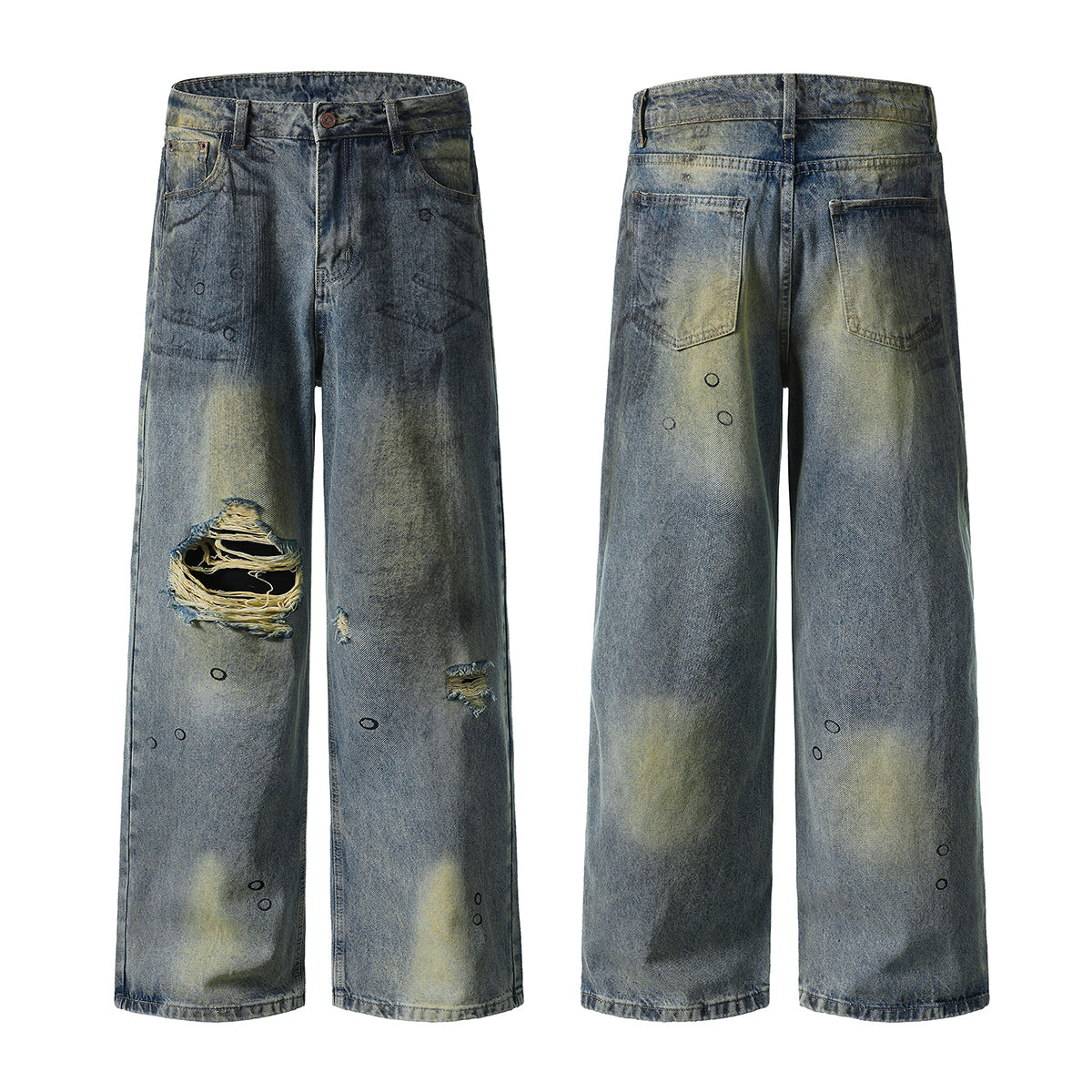 Vintage Washed Ripped Wide-Leg Jeans