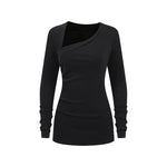 Asymmetric Neck Long Sleeve Ribbed Top
