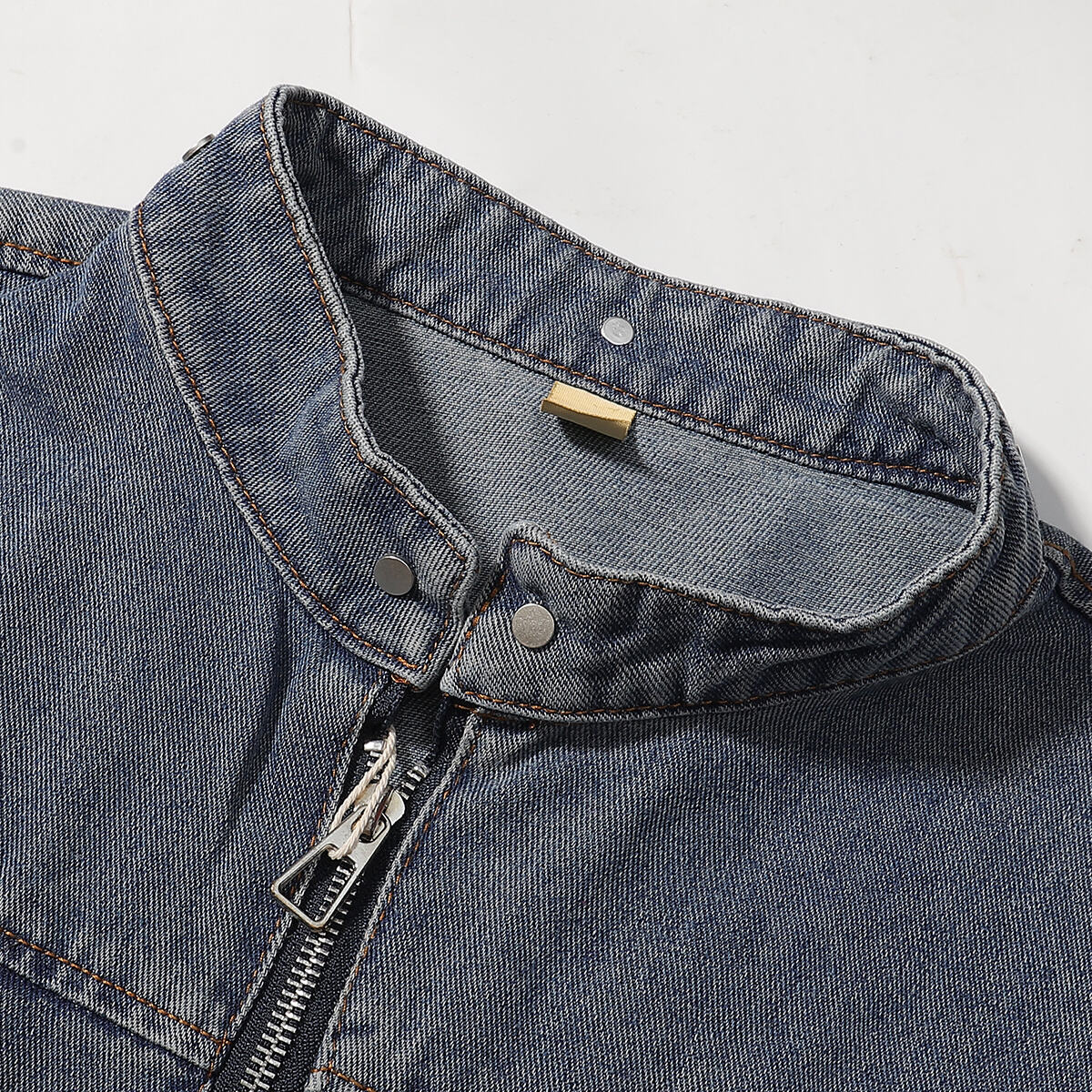 Stand Collar Zip-Up Washed Denim Jacket
