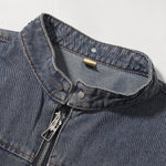 Stand Collar Zip-Up Washed Denim Jacket