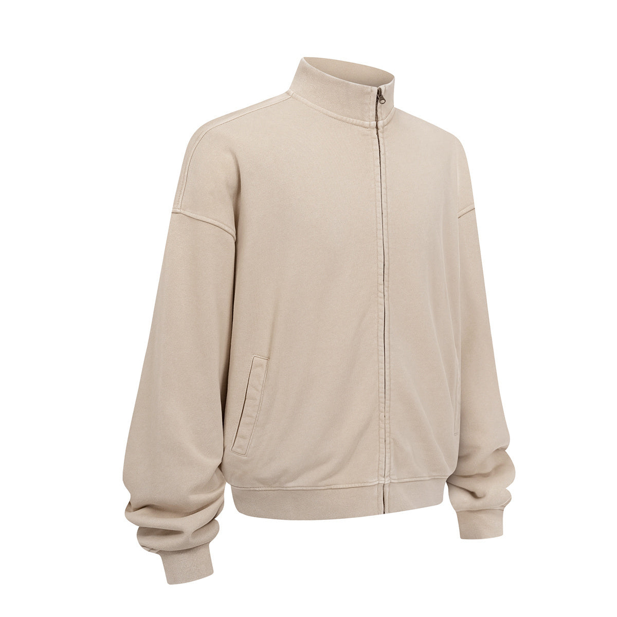 Vintage Zip-Up Ribbed Stand Collar Sweatshirt