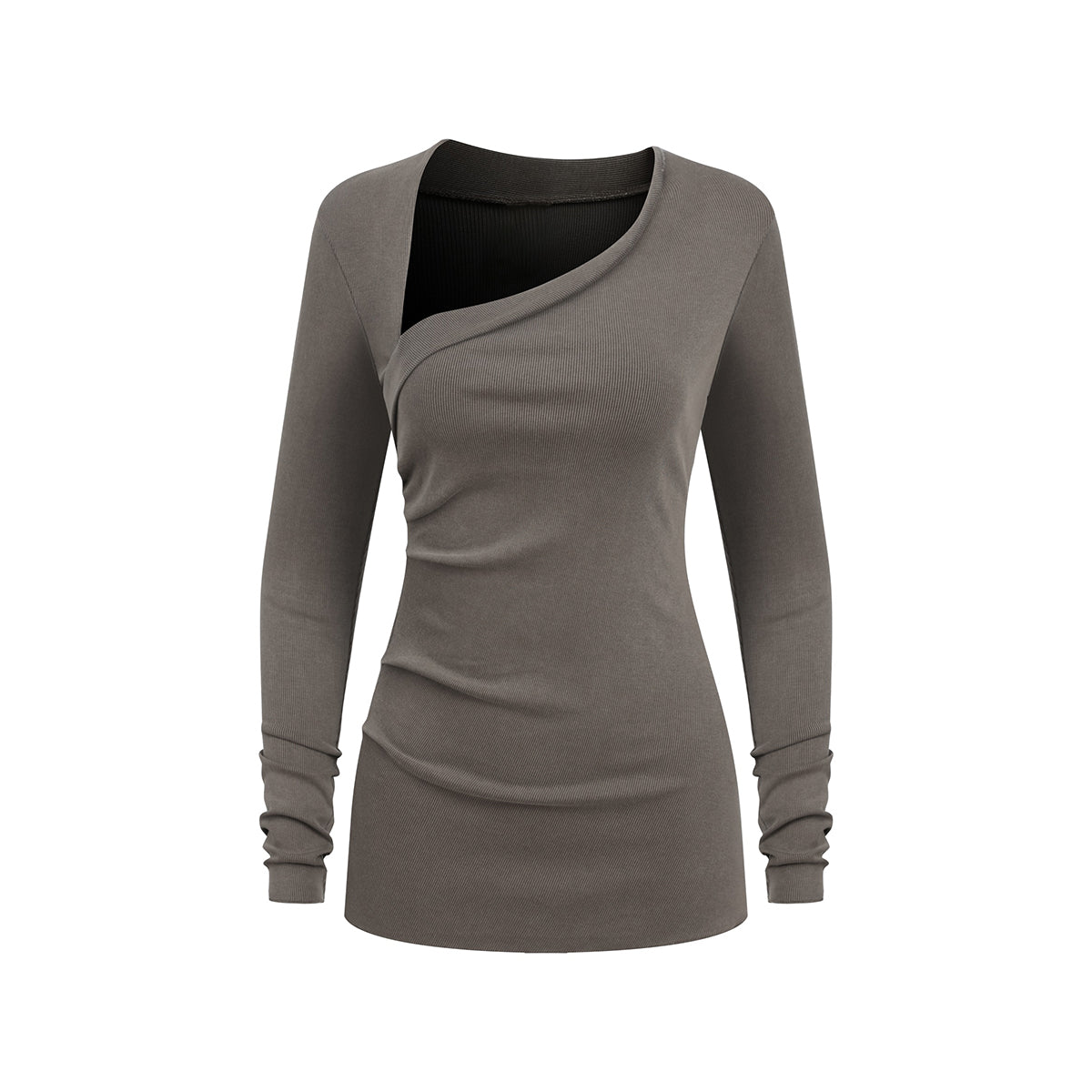 Asymmetric Neck Long Sleeve Ribbed Top