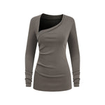 Asymmetric Neck Long Sleeve Ribbed Top