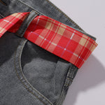 Plaid Trim Star Patched Wide Leg Denim Jeans
