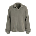 Distressed Edge Buttonless Long-Sleeve Polo