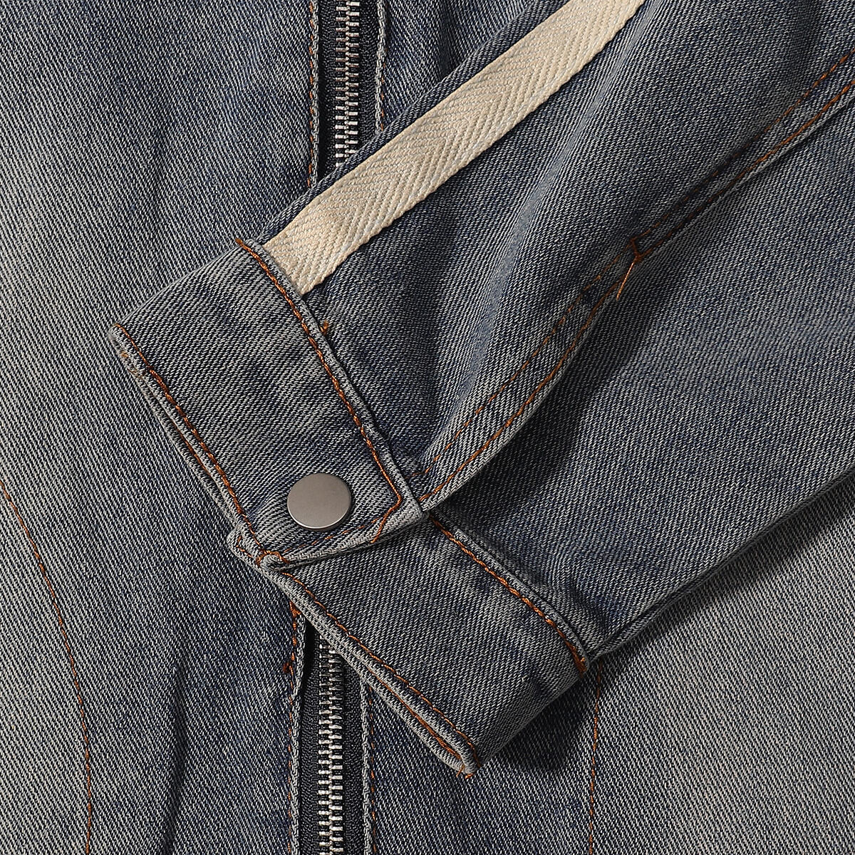 Stand Collar Zip-Up Washed Denim Jacket