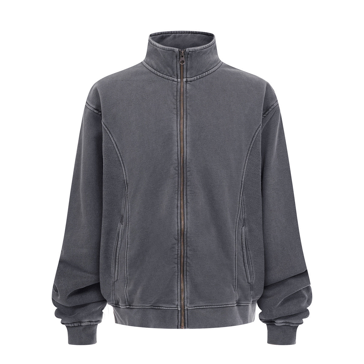 Stand Collar Panel Detail Washed Zip Up Sweatshirt