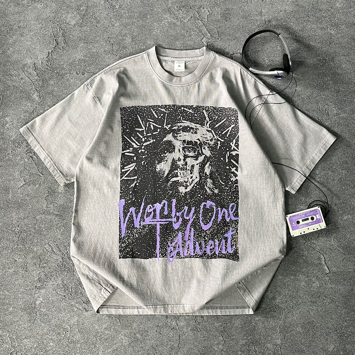 Vintage Washed Oversized Gray Print Tee