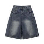 Front Panel Stitching Vintage Washed Denim Shorts