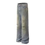 Blue Wash Distressed Ripped Wide-Leg Jeans