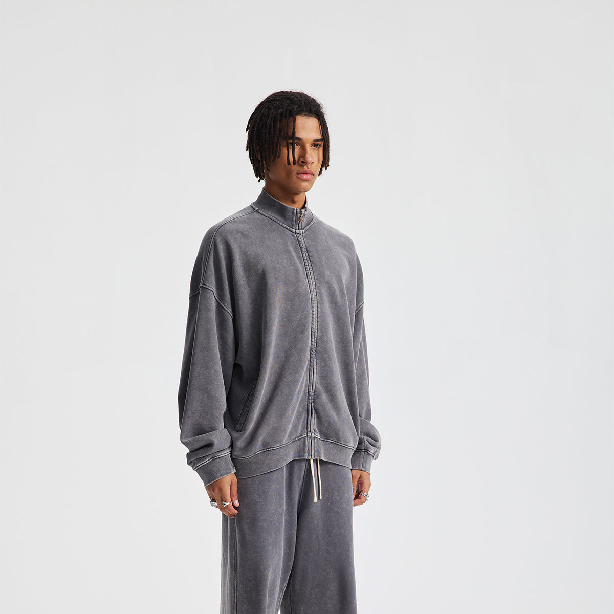 Vintage Zip-Up Ribbed Stand Collar Sweatshirt