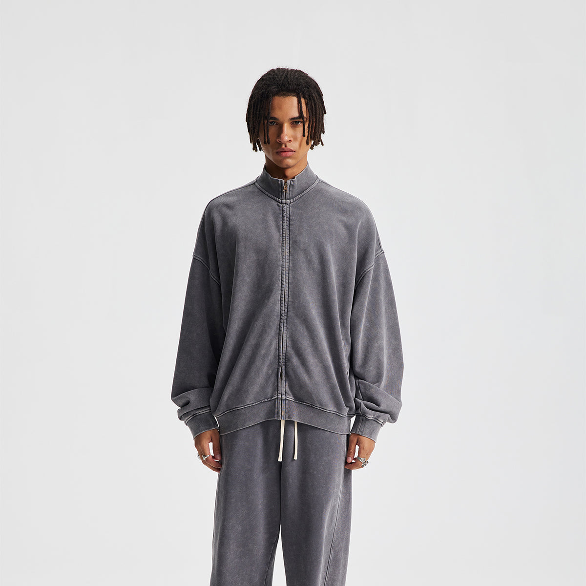 Vintage Zip-Up Ribbed Stand Collar Sweatshirt