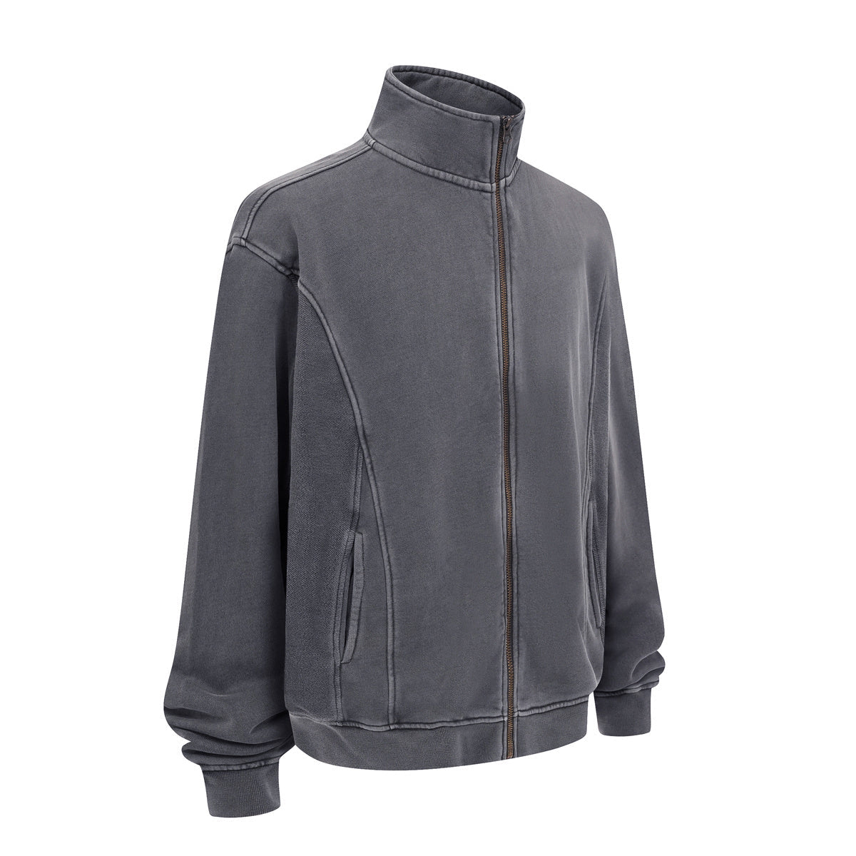 Stand Collar Panel Detail Washed Zip Up Sweatshirt