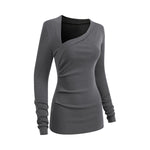 Asymmetric Neck Long Sleeve Ribbed Top