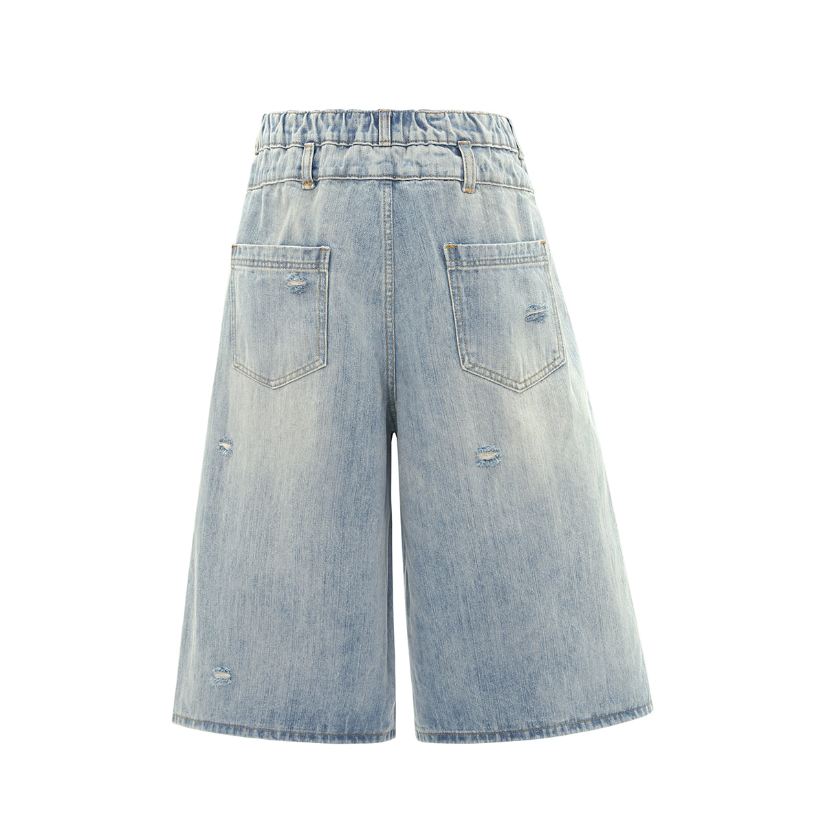 Double Waistband Distressed Denim Bermuda Shorts