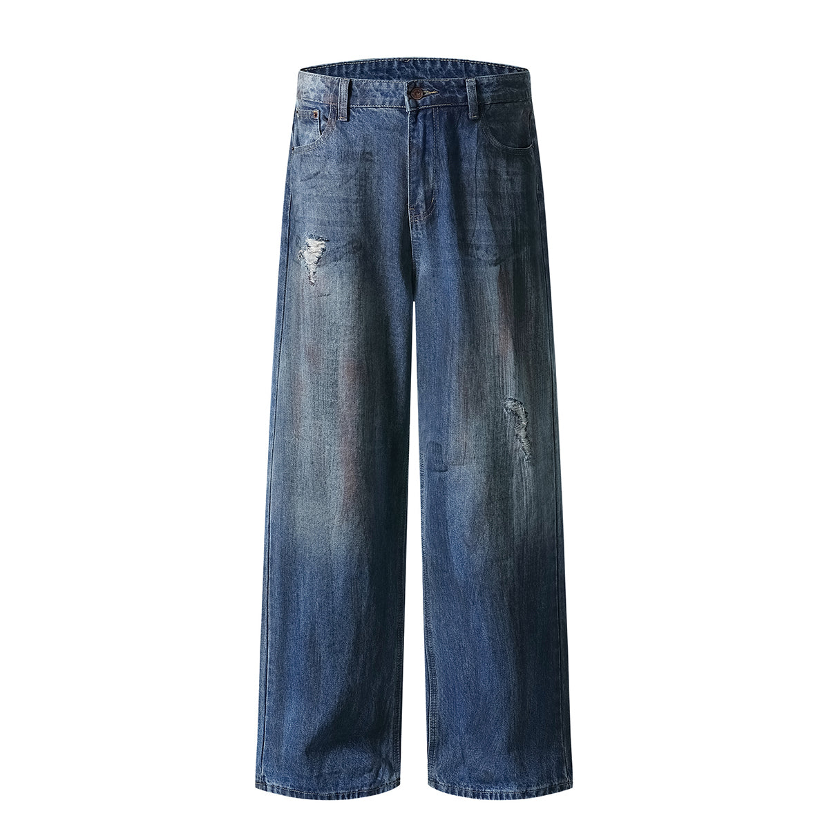 Faded Wash Distressed Baggy Frayed-Hem Jeans