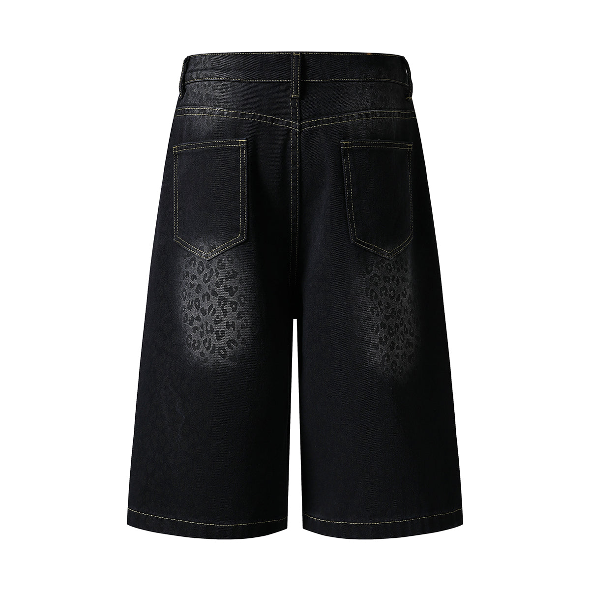 Black Leopard Print Denim Bermuda Shorts