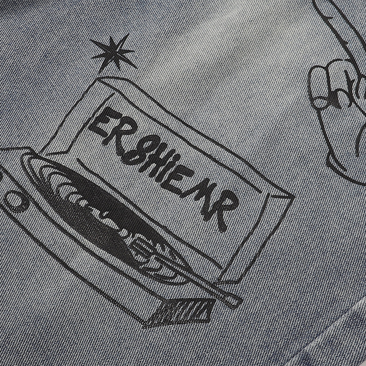 Street Style Graphic Print Relaxed Denim Shorts