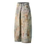 Muddy Wash Panel Stitching Barrel-Leg Jeans