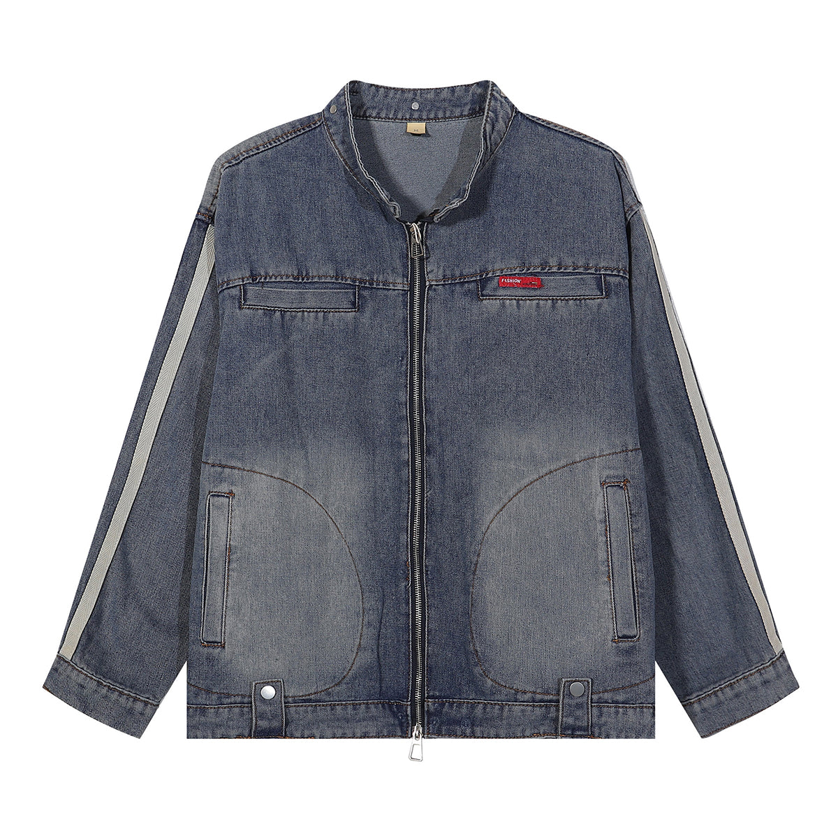 Stand Collar Zip-Up Washed Denim Jacket