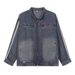 Stand Collar Zip-Up Washed Denim Jacket