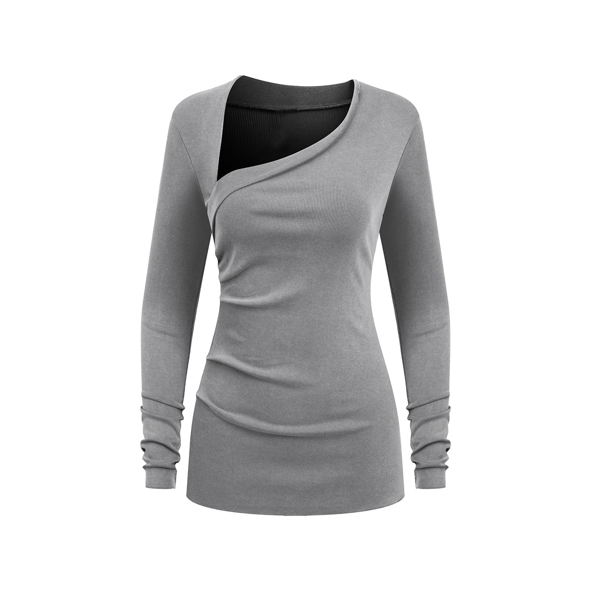 Asymmetric Neck Long Sleeve Ribbed Top
