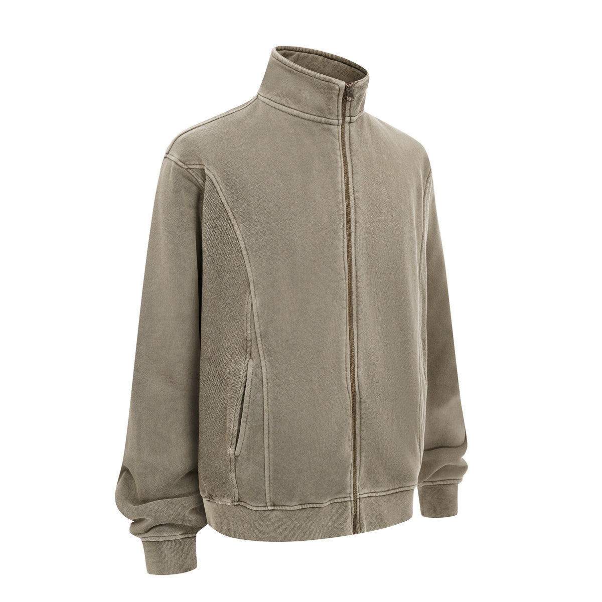 Stand Collar Panel Detail Washed Zip Up Sweatshirt