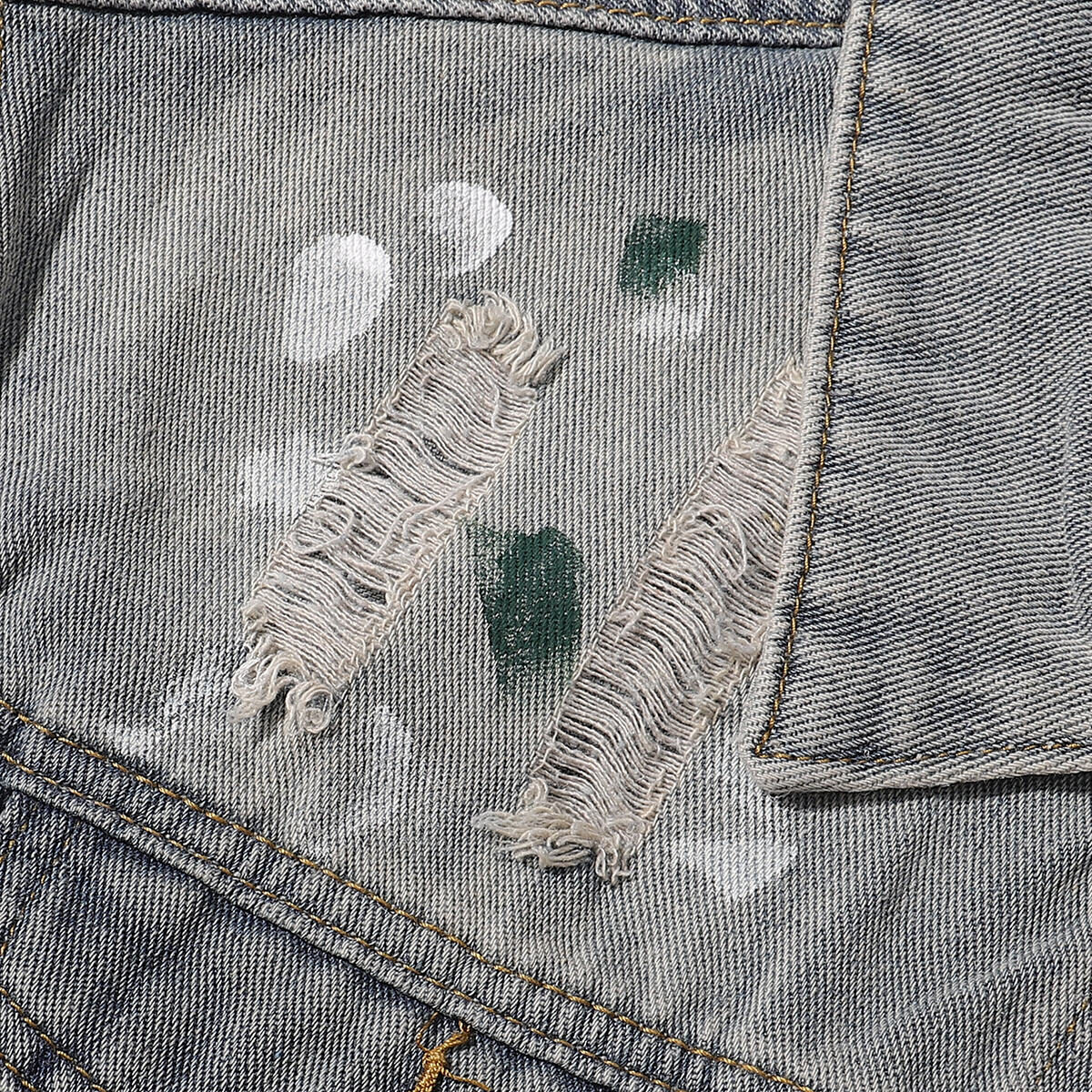 Paint-Spray Ripped Denim Trucker Jacket