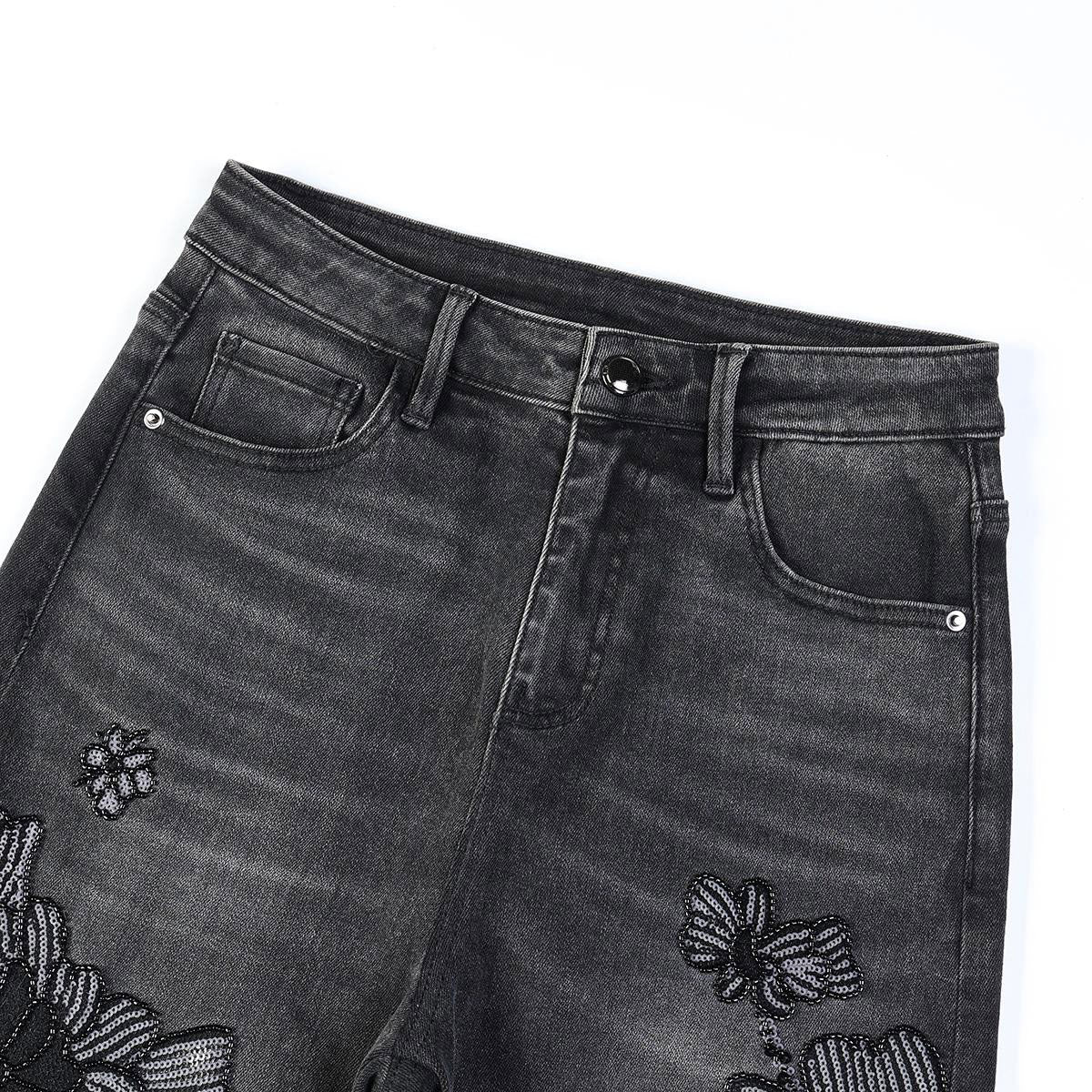 Sequined & Beaded Floral Embroidery Tapered Ankle Jeans