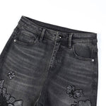 Sequined & Beaded Floral Embroidery Tapered Ankle Jeans