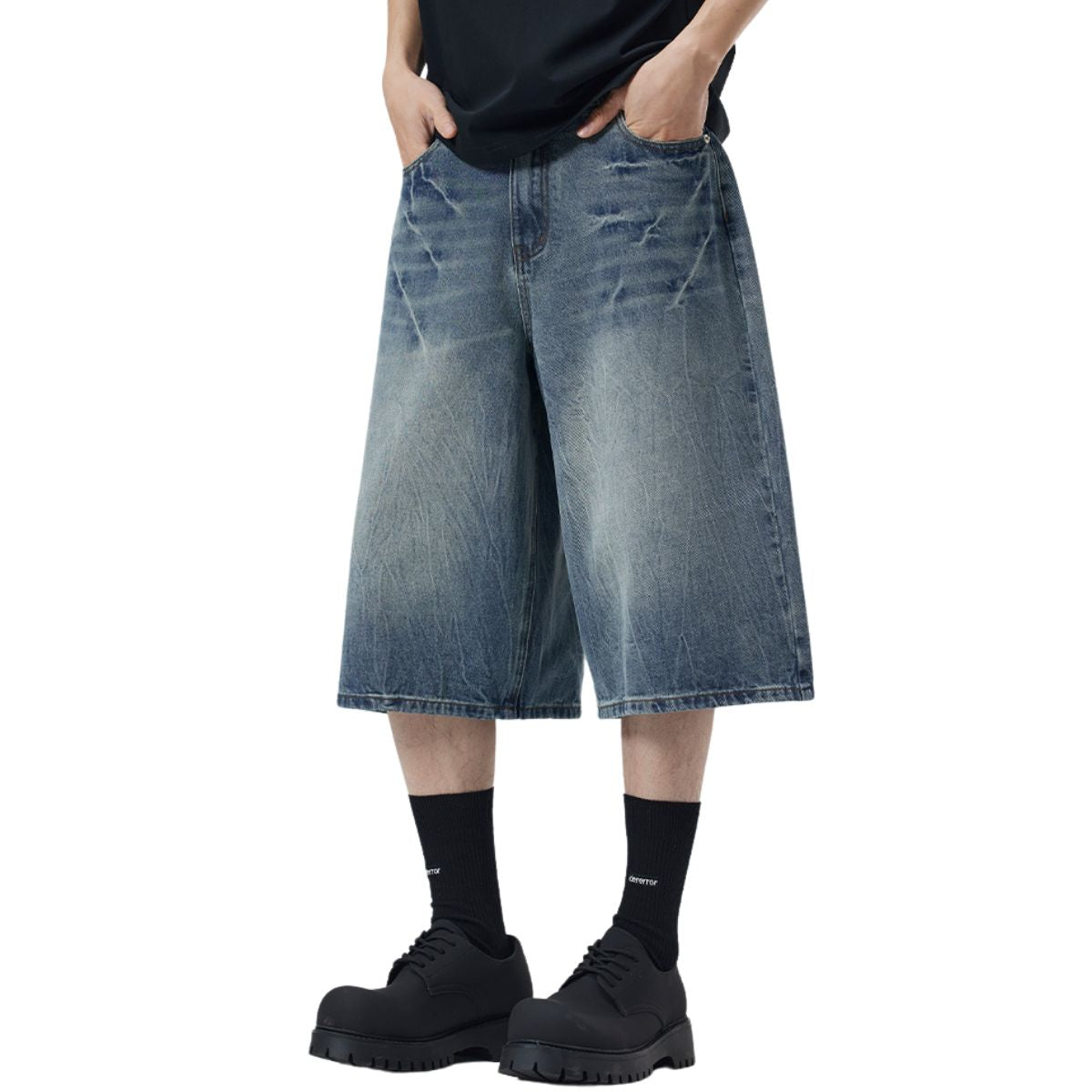 Wide-Leg Bermuda Washed Denim Shorts