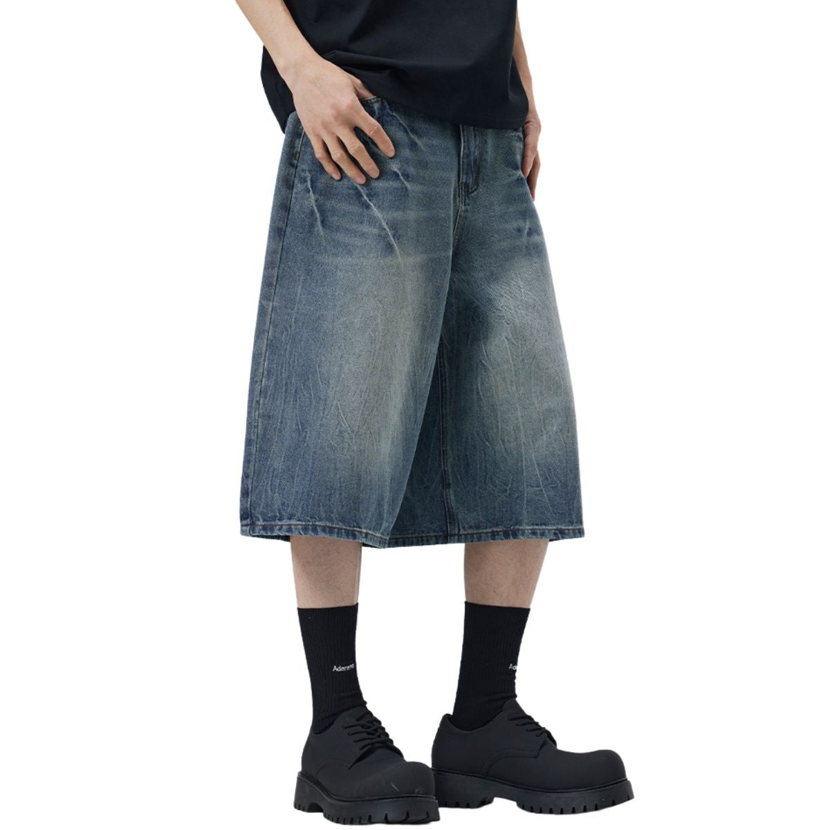 Wide-Leg Bermuda Washed Denim Shorts