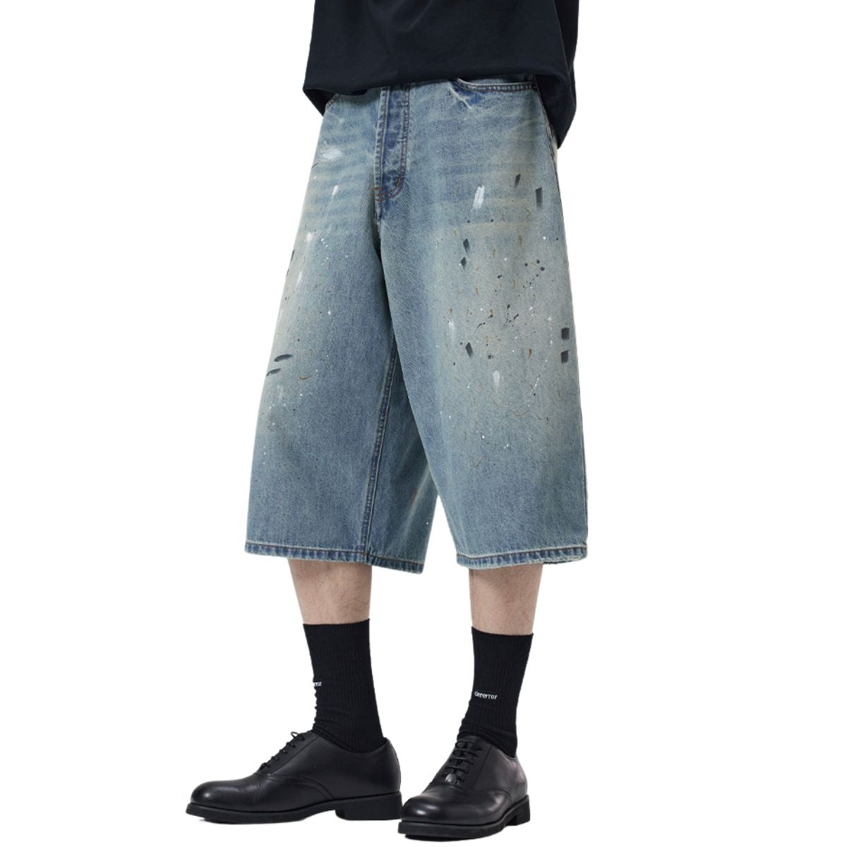 Paint-Splatter Bermuda Denim Shorts