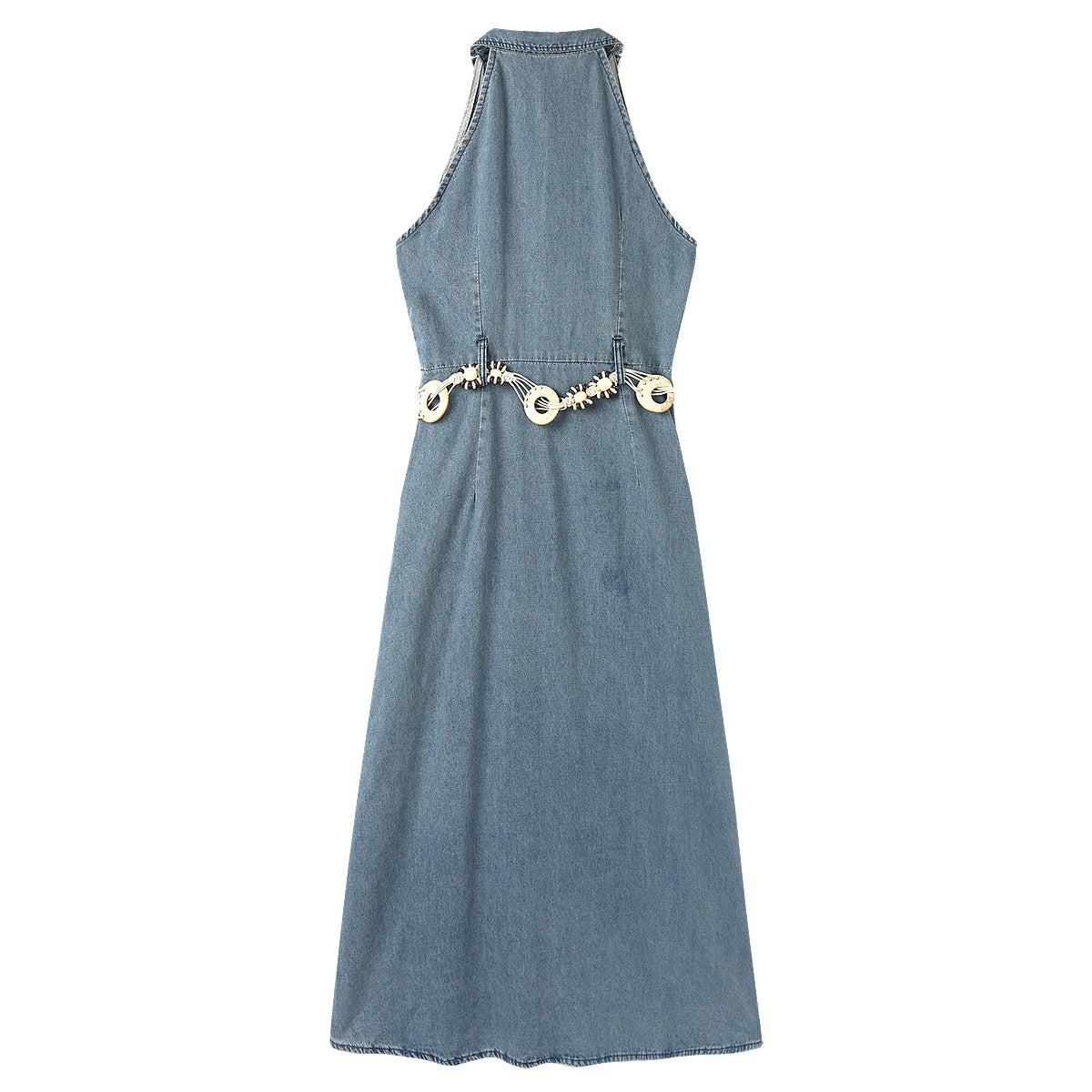 Button-Front Sleeveless Denim Belted Shirt Dress