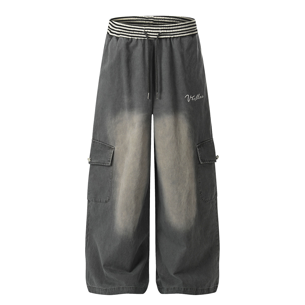 Casual Wide Leg Cargo Pants Striped Elastic Waistband