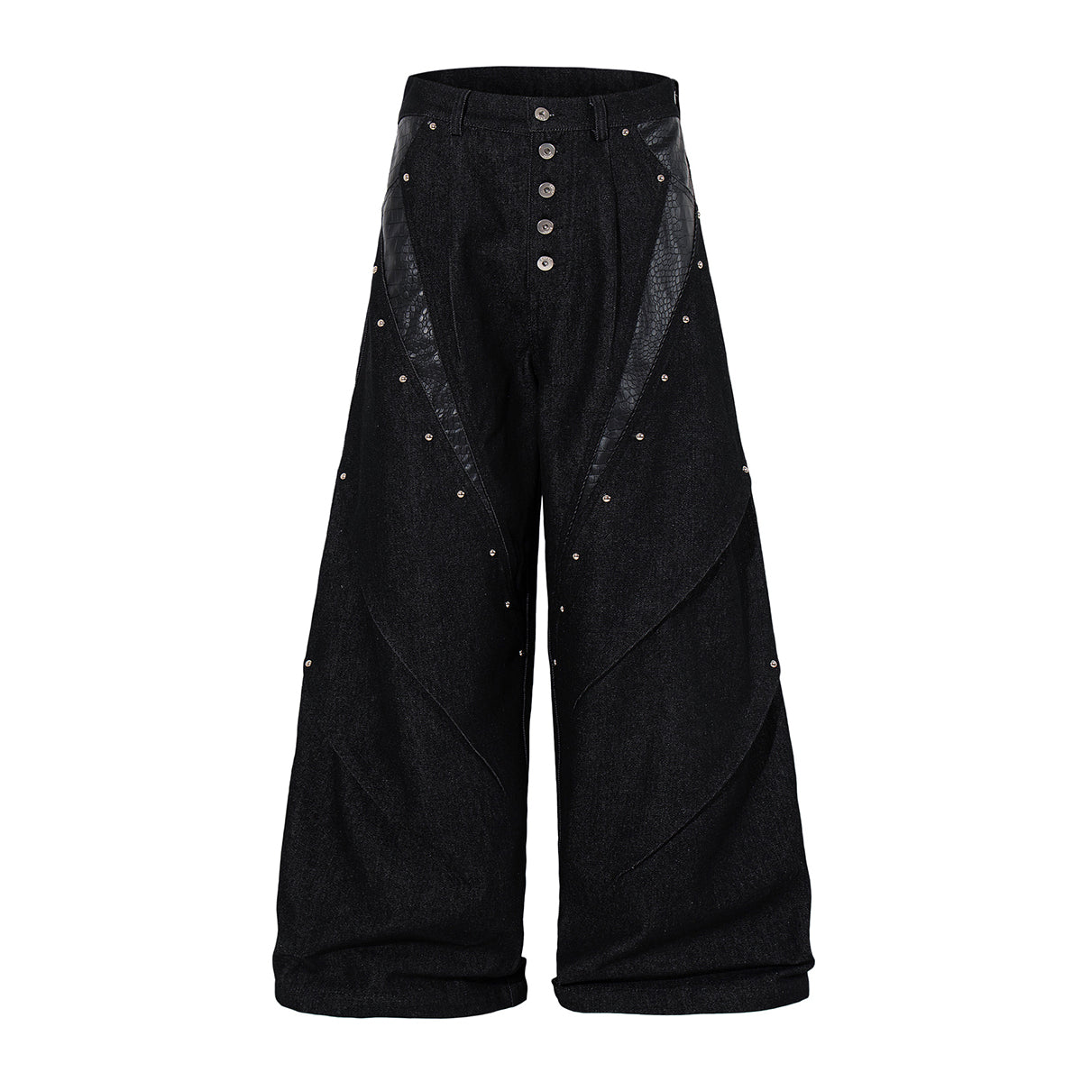 Croc Textured Panels Edgy Black Denim Wide Leg Jeans