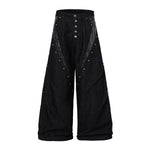Croc Textured Panels Edgy Black Denim Wide Leg Jeans