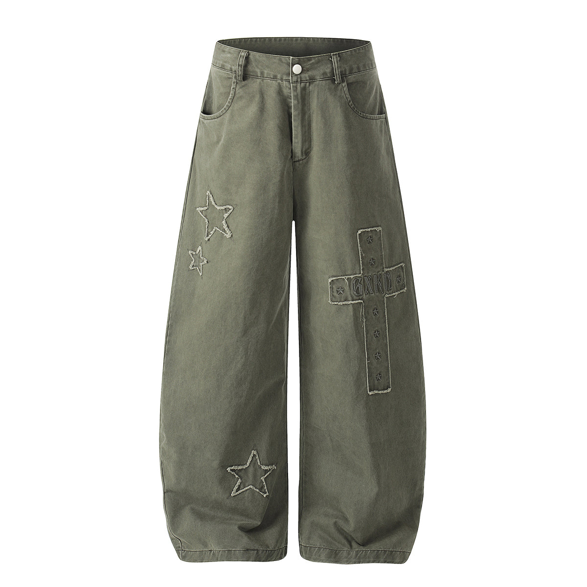 Olive Wide Leg Pants Star Cross Embroidery Details