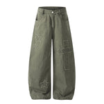 Olive Wide Leg Pants Star Cross Embroidery Details