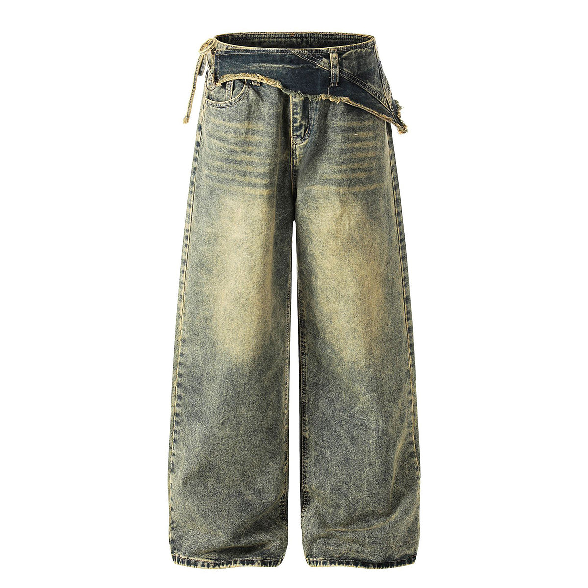 Distressed Wide Leg Denim Pants Asymmetrical Layered Waist
