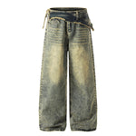 Distressed Wide Leg Denim Pants Asymmetrical Layered Waist