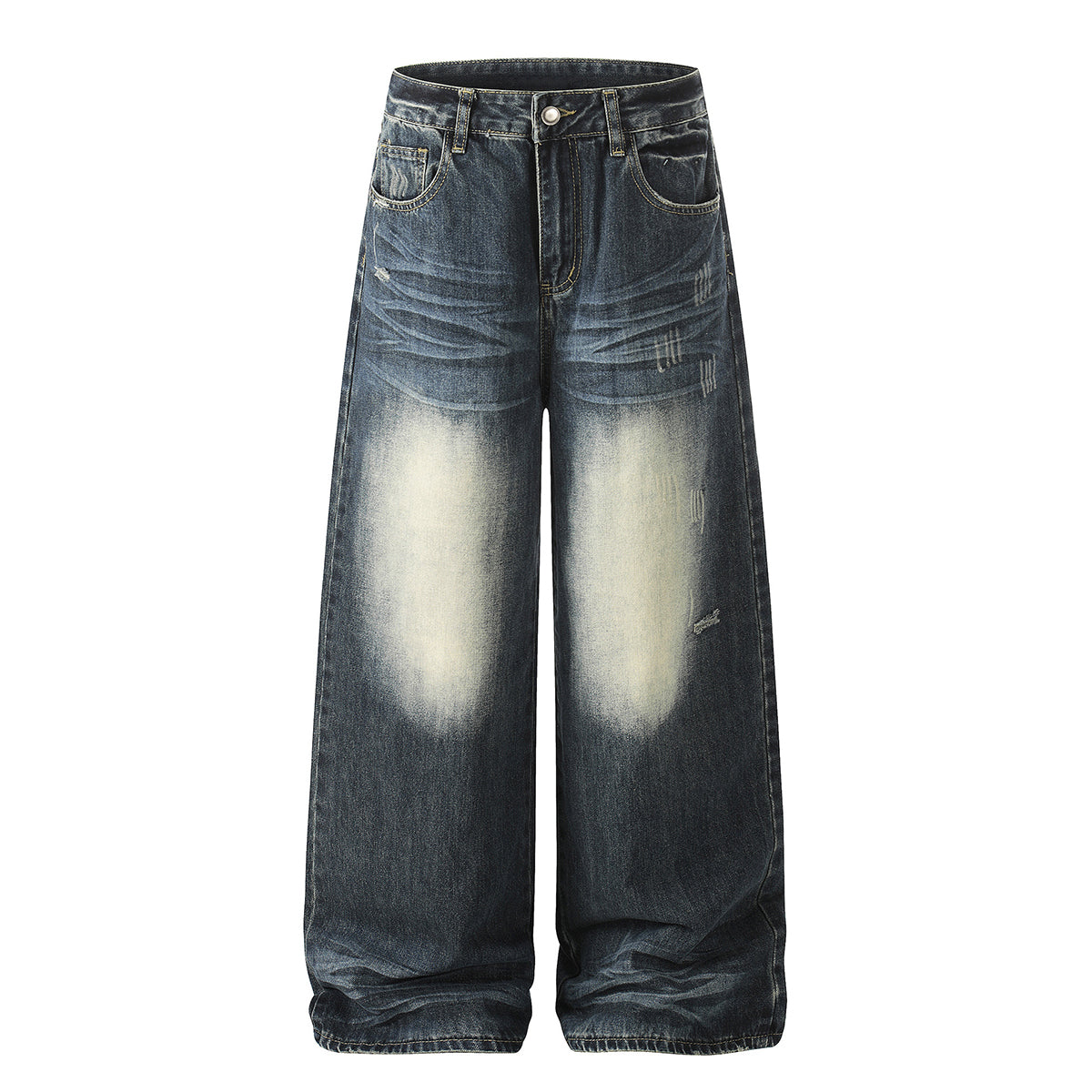 Faded Whisker Detailing Distressed Wide Leg Denim Jeans