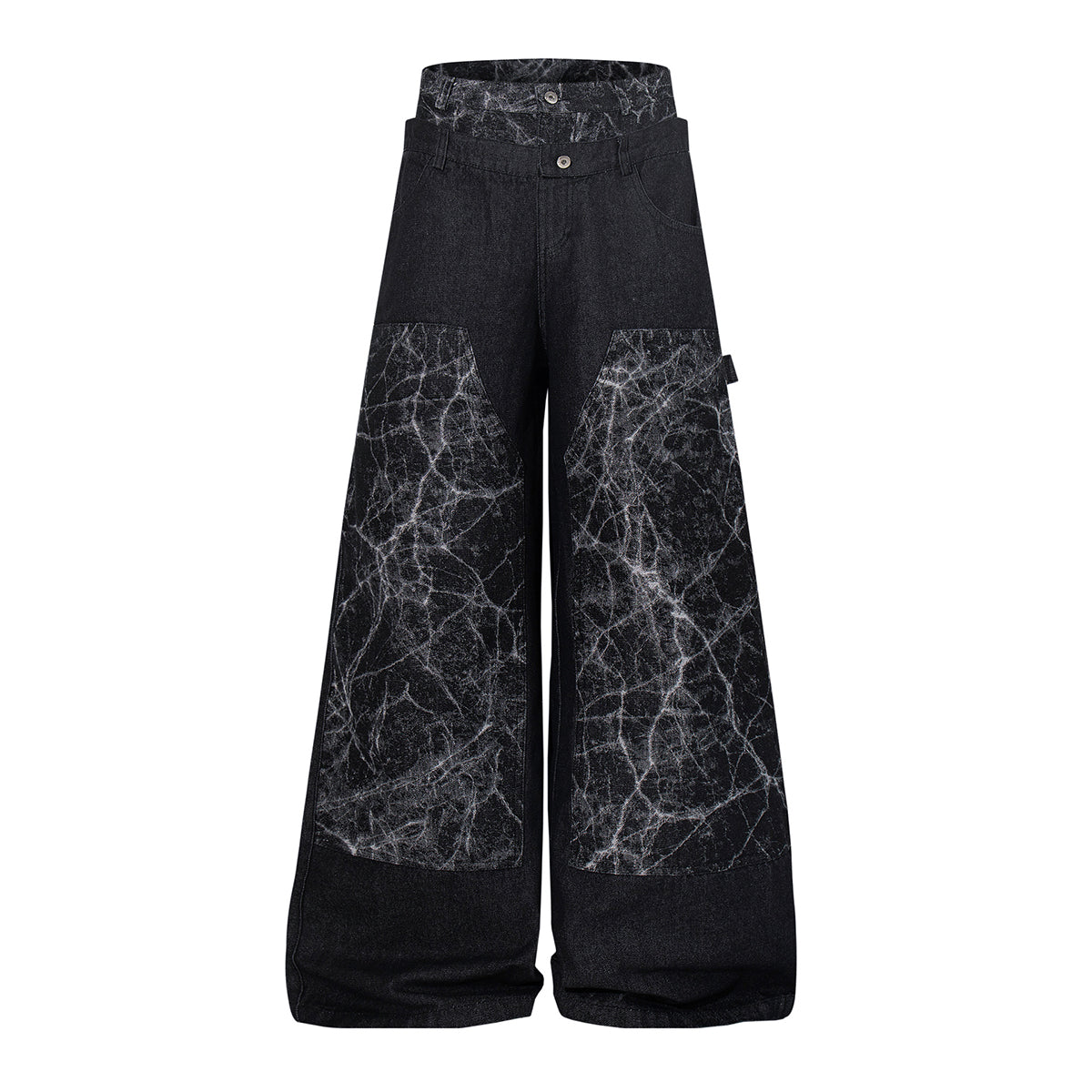 Marble Pattern Panels Black Wide Leg Painter Pants