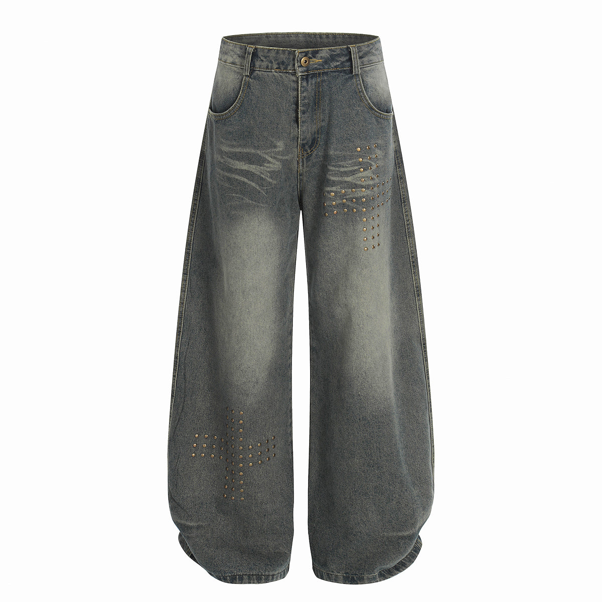 Studded Cross Detail Vintage Washed Wide Leg Denim