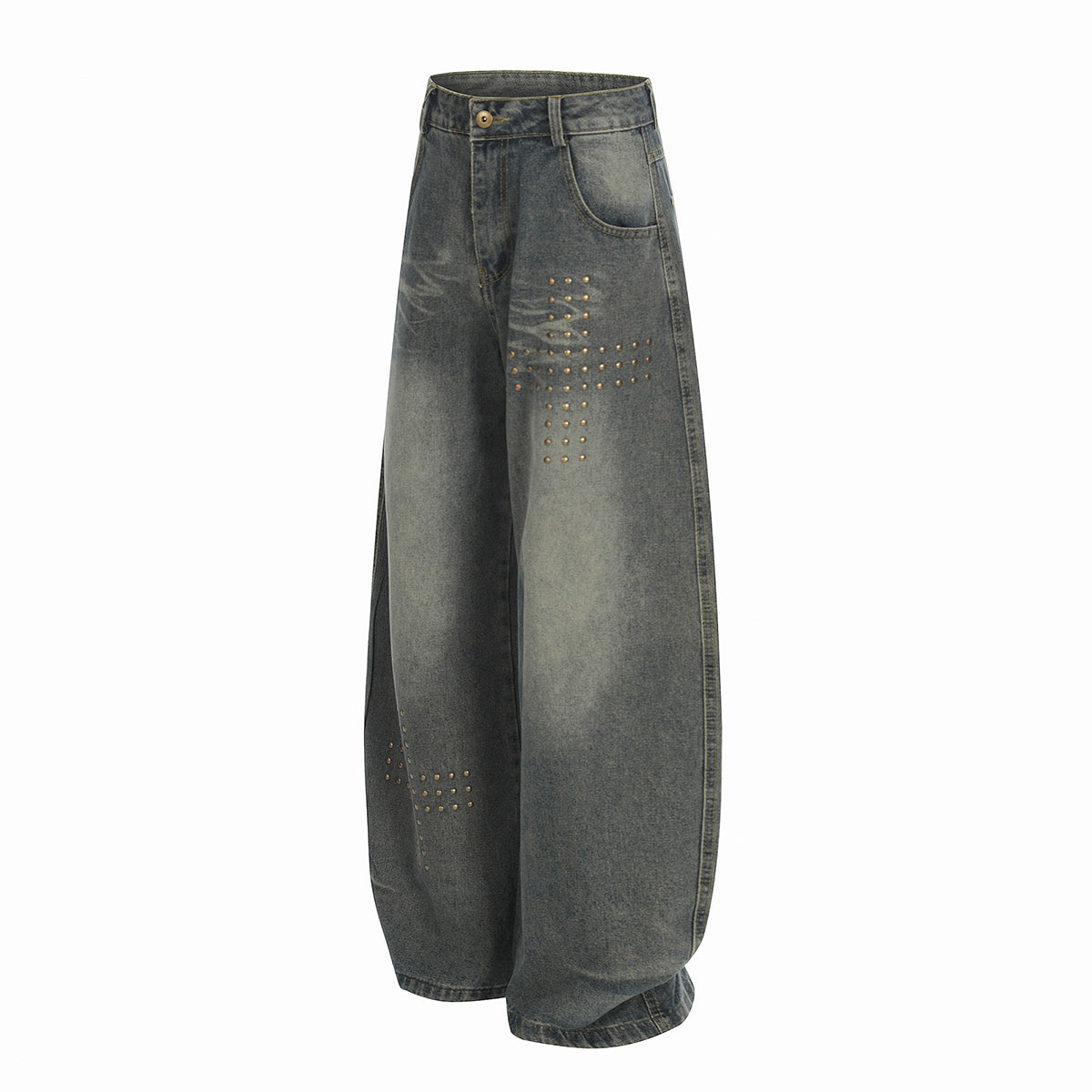 Studded Cross Detail Vintage Washed Wide Leg Denim