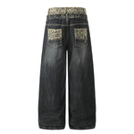 Wide Leg Denim Pants Leopard Print Waistband Stud Accents